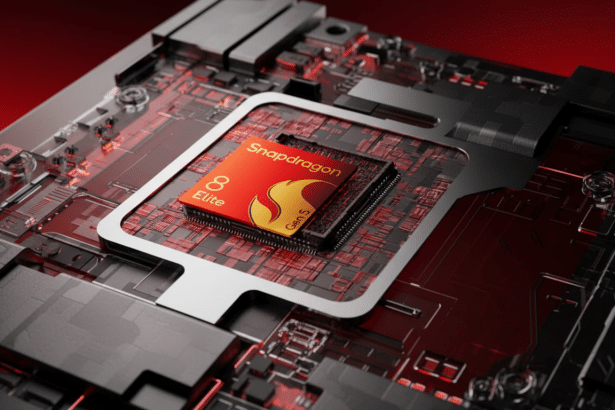 Close -up of a Snapdragon 8 Elite Gen 5 processor chip on a dark , red- lit circuit board.