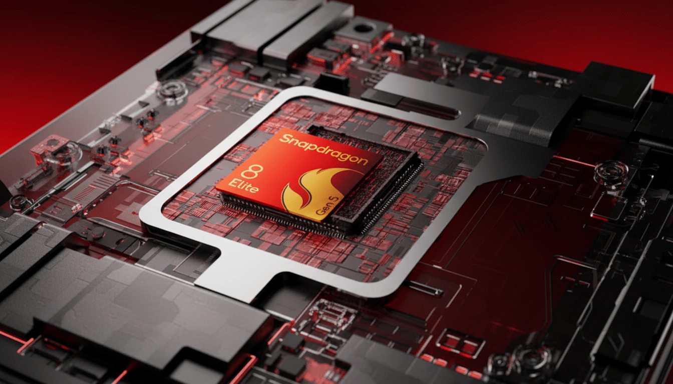 Close -up of a Snapdragon 8 Elite Gen 5 processor chip on a dark , red- lit circuit board.