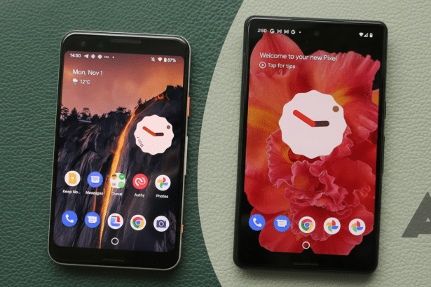 Two Google Pixel phones are displayed side-by- side, showcasing their screens with different backgrounds and clock widgets. The phone on the left has