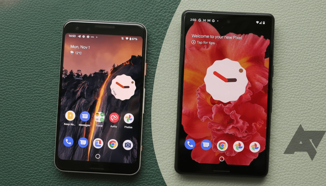 Two Google Pixel phones are displayed side-by- side, showcasing their screens with different backgrounds and clock widgets. The phone on the left has