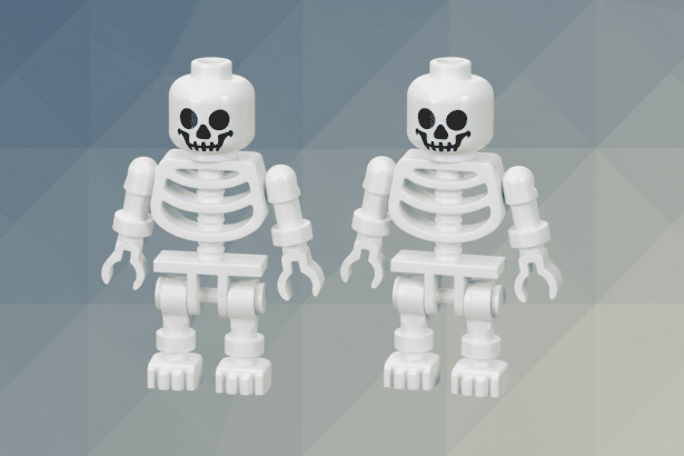 Two white Lego skeleton figures stand side- by-side on a subtly patterned grey and blue gradient background. Filename : two legoske letonsprofessional .png