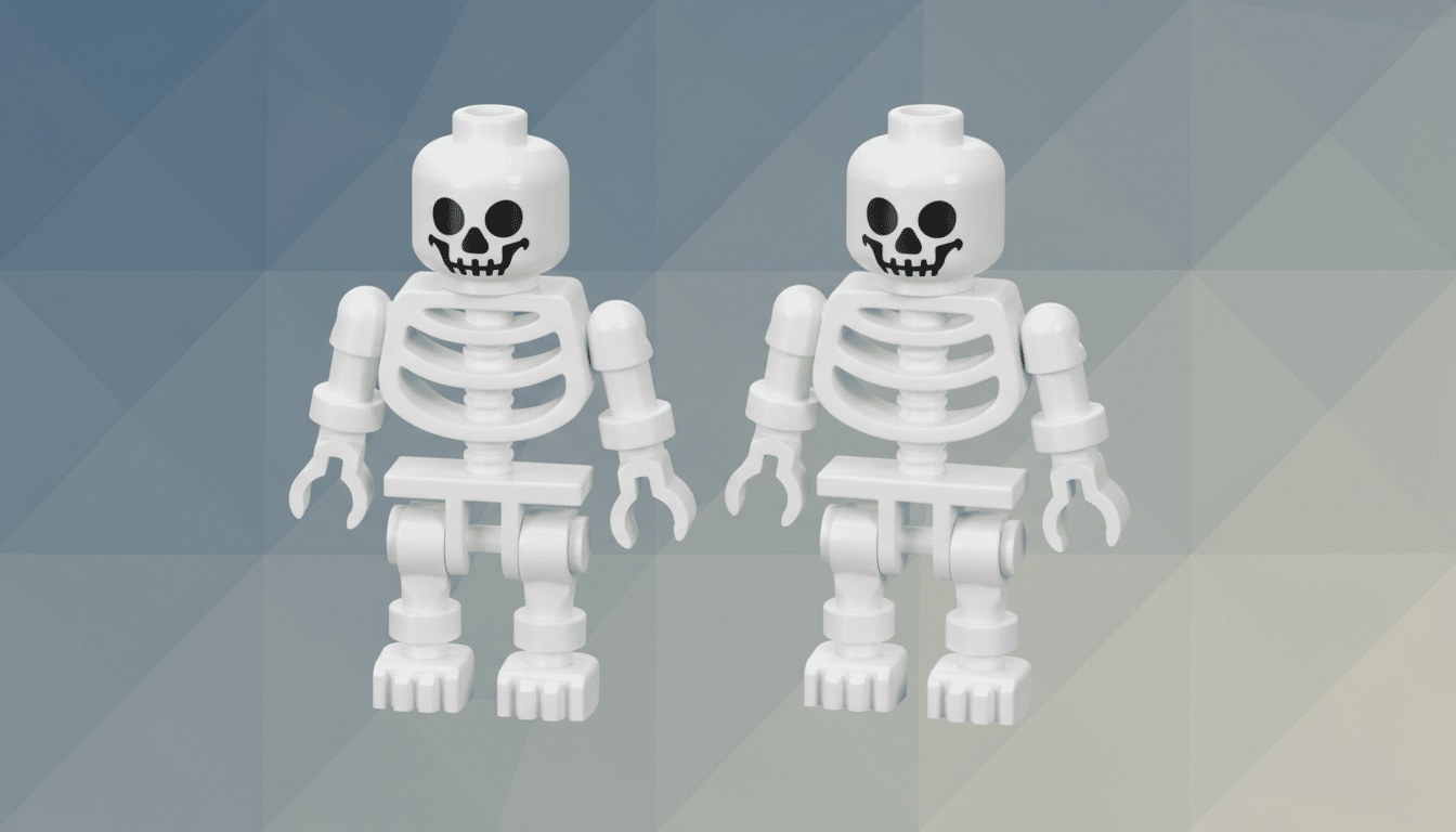 Two white Lego skeleton figures stand side- by-side on a subtly patterned grey and blue gradient background. Filename : two legoske letonsprofessional .png