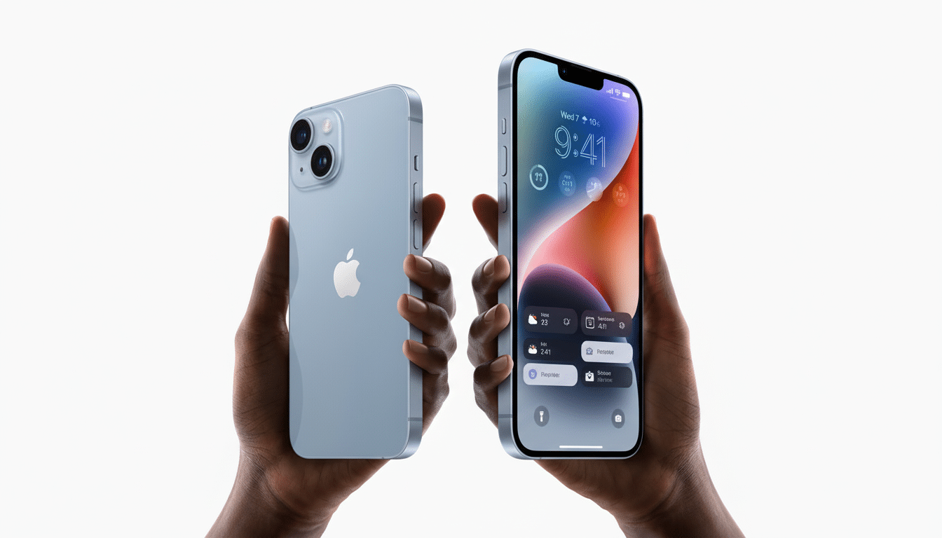 A professional shot of two light blue iPhones, each held by a hand. One iPhone faces backward showing its camera and Apple logo, while the other faces forward displaying a colorful lock screen with widgets.