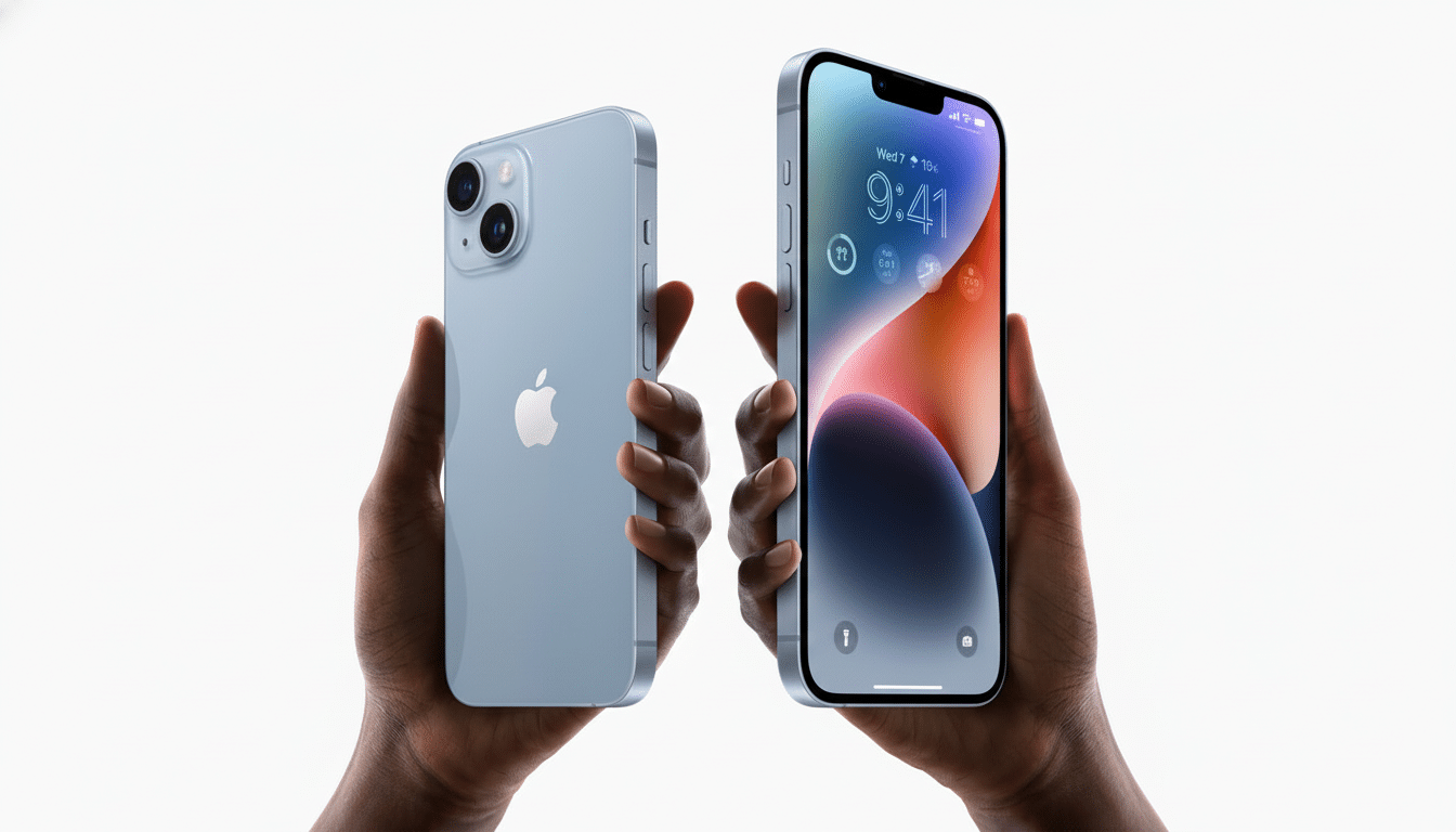 s: A pair of hands holding two light blue iPhones, one showing the back and the other showing the f
