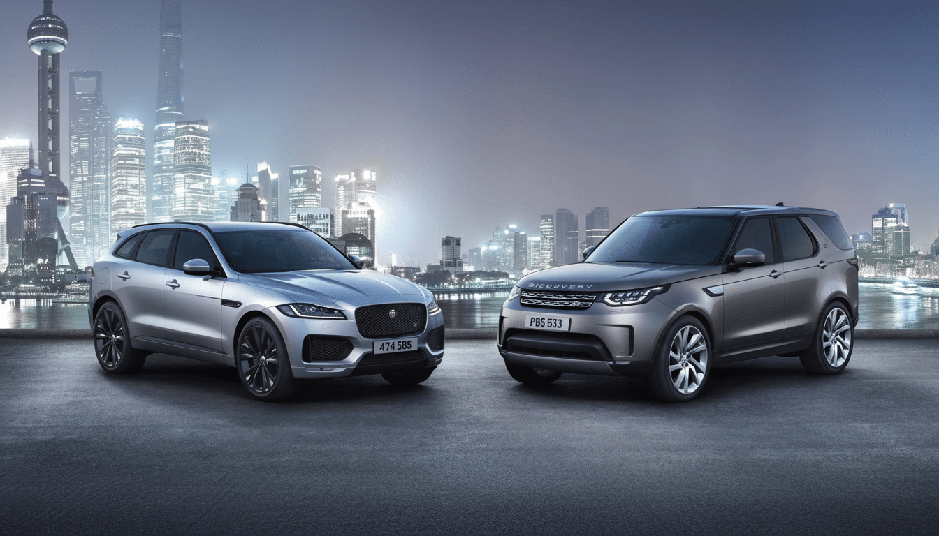Two luxury SUVs, a silver Jaguar F-Pace and a grey Land Rover Discovery, parked on a paved surface with a modern city skyline at dusk in the backgroun