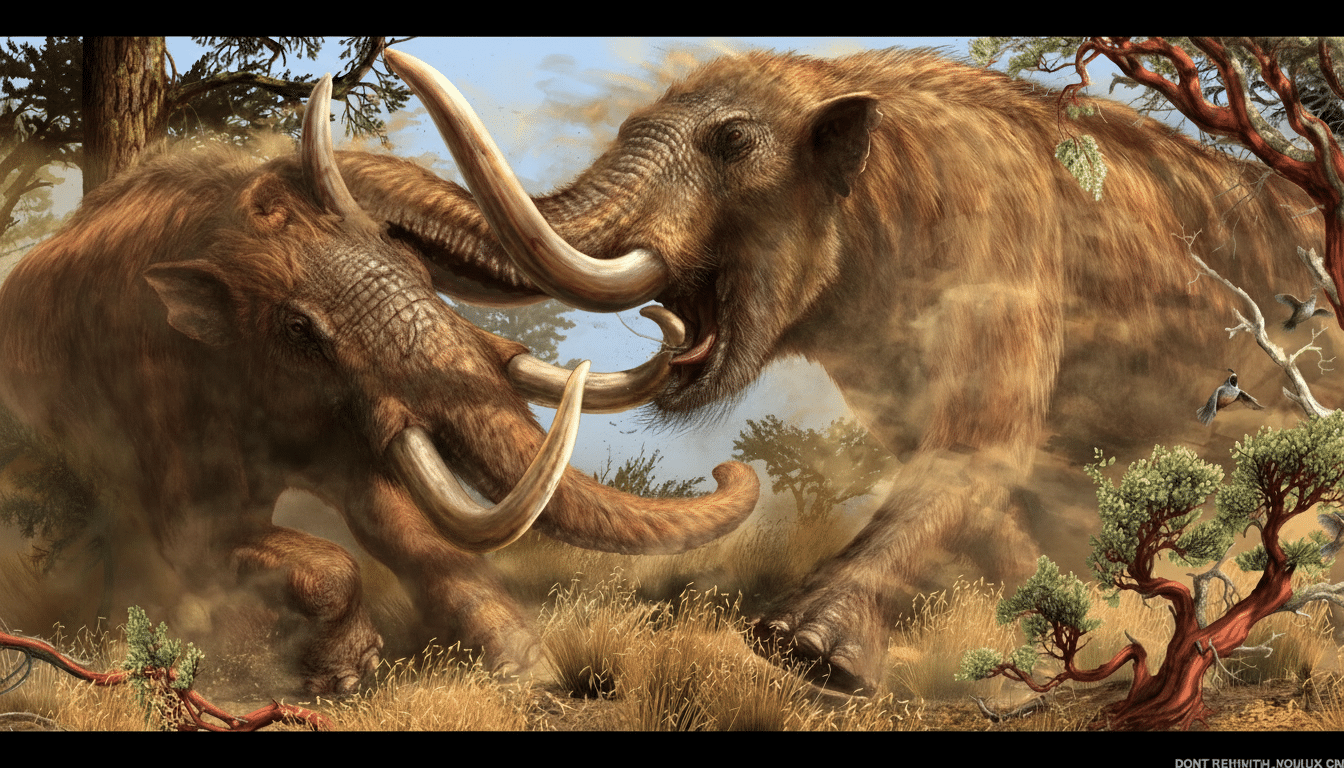 Two woolly mammoths with large tusks are engaged in a dusty confrontation amidst dry grass and trees, with birds flying in the background.