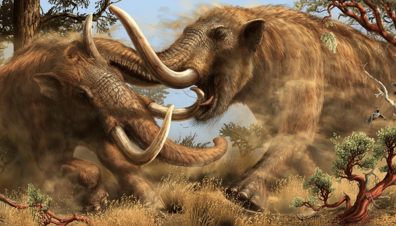 Two wool ly mammoths, one on the left and one on the right, are engaged in a dynamic interaction amidst a dusty, grassy landscape with trees and reddi