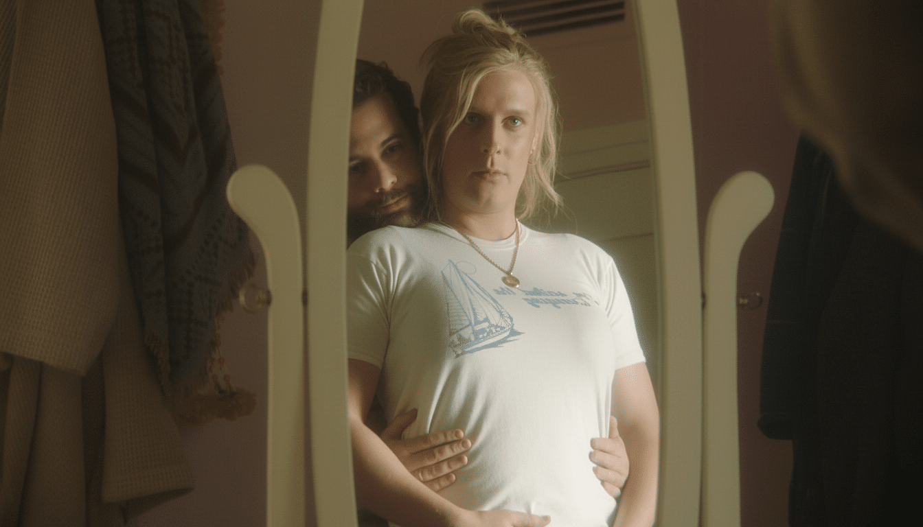 A man with blonde hair in a white t- shirt with a sailboat design, wearing a necklace with a gold pendant, looks into a mirror. Another man with dark