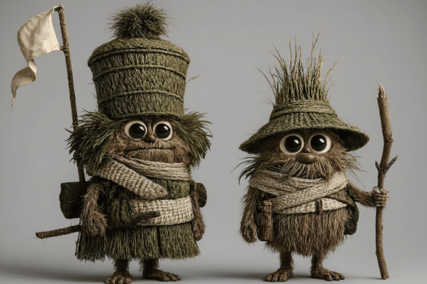 Two whimsical, moss-covered creatures with large eyes and straw hats stand side by side on a neutral background. The creature on the left holds a staf