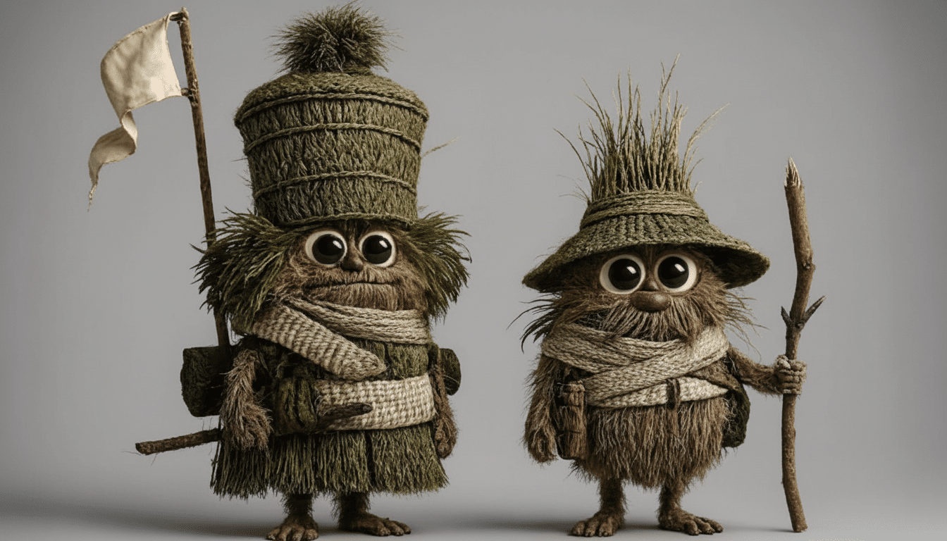 Two whimsical, moss-covered creatures with large eyes and straw hats stand side by side on a neutral background. The creature on the left holds a staf