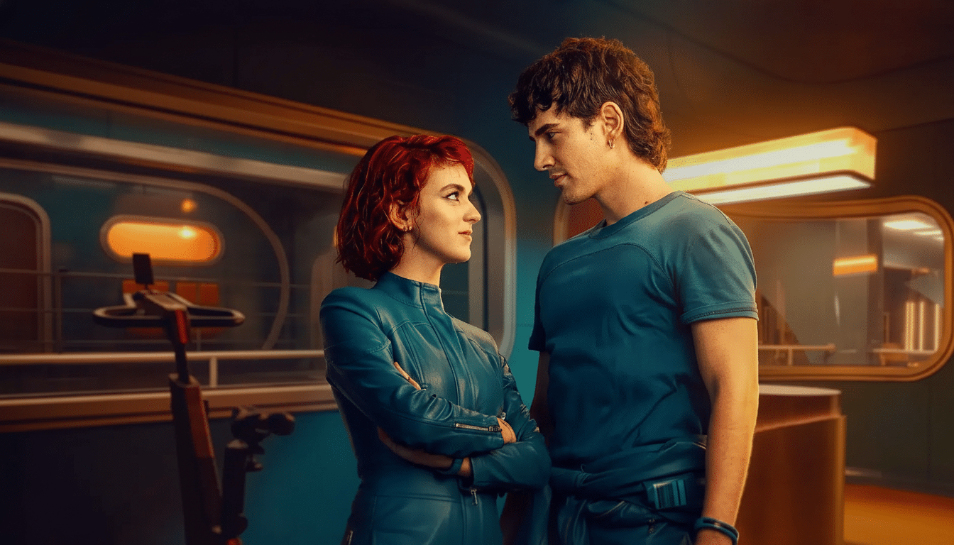 Two people looking at each other in an indoor setting, with a woman in a teal jacket and a man in a blue t -shirt.