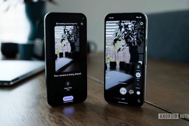 Two Google Pixel phones on a wooden table. The left phone displays Your camera is being shared with a view of a room, and the right phone shows a camera interface with the same view , indicating screen sharing or casting .