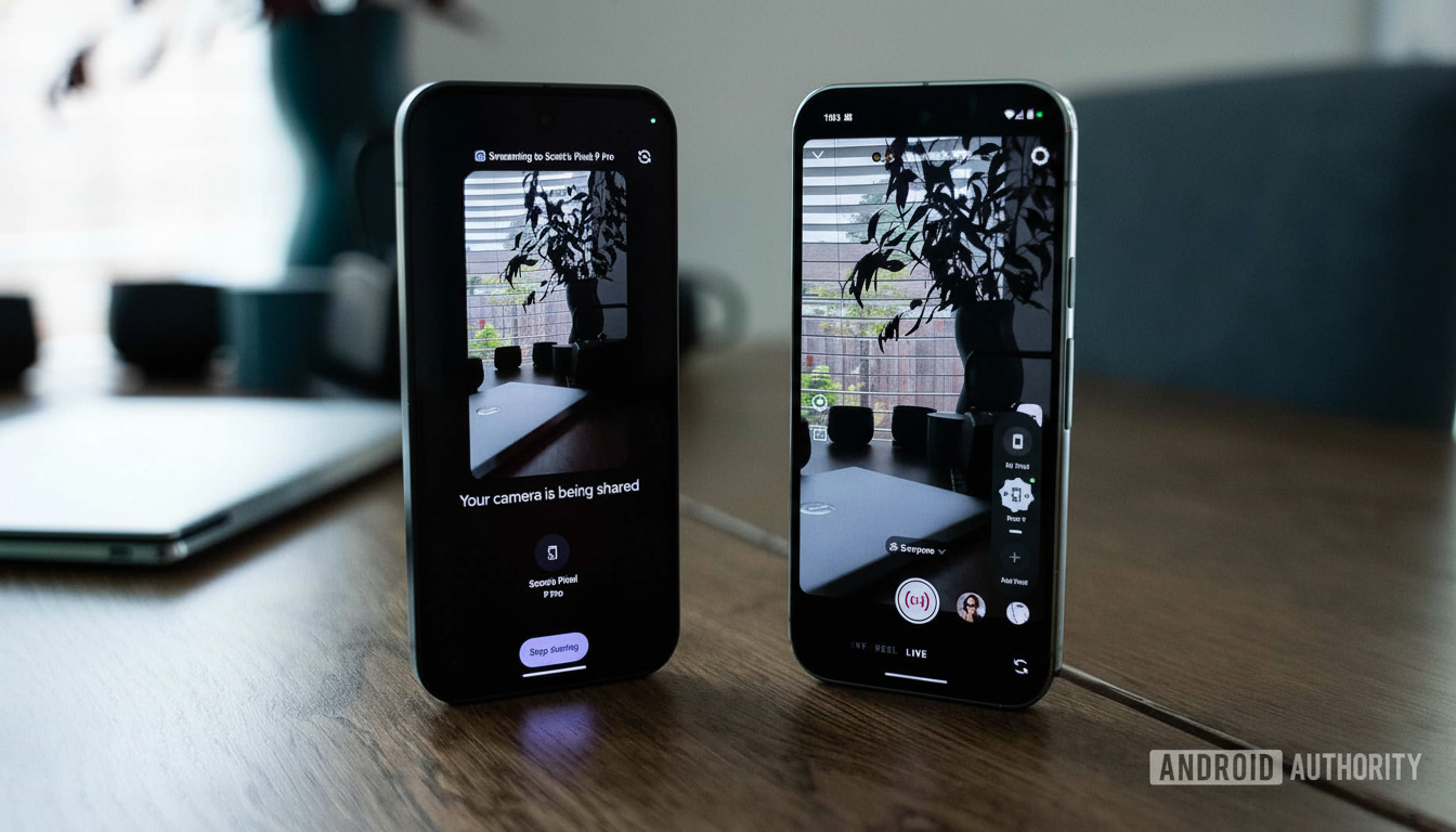Two Google Pixel phones on a wooden table. The left phone displays Your camera is being shared with a view of a room, and the right phone shows a camera interface with the same view , indicating screen sharing or casting .