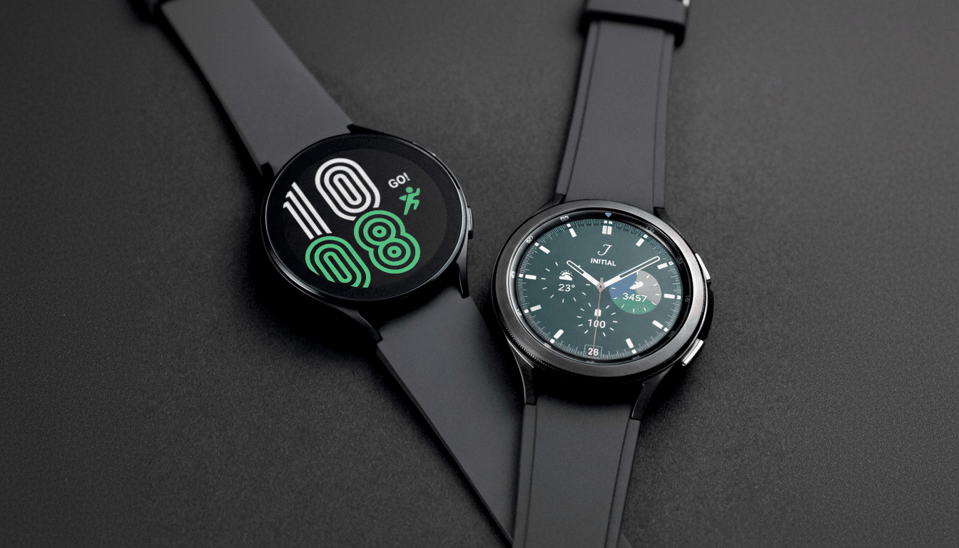 A professional shot of two Samsung Galaxy smart watches, one with a digital display and the other with a classic watch face, on a dark background.