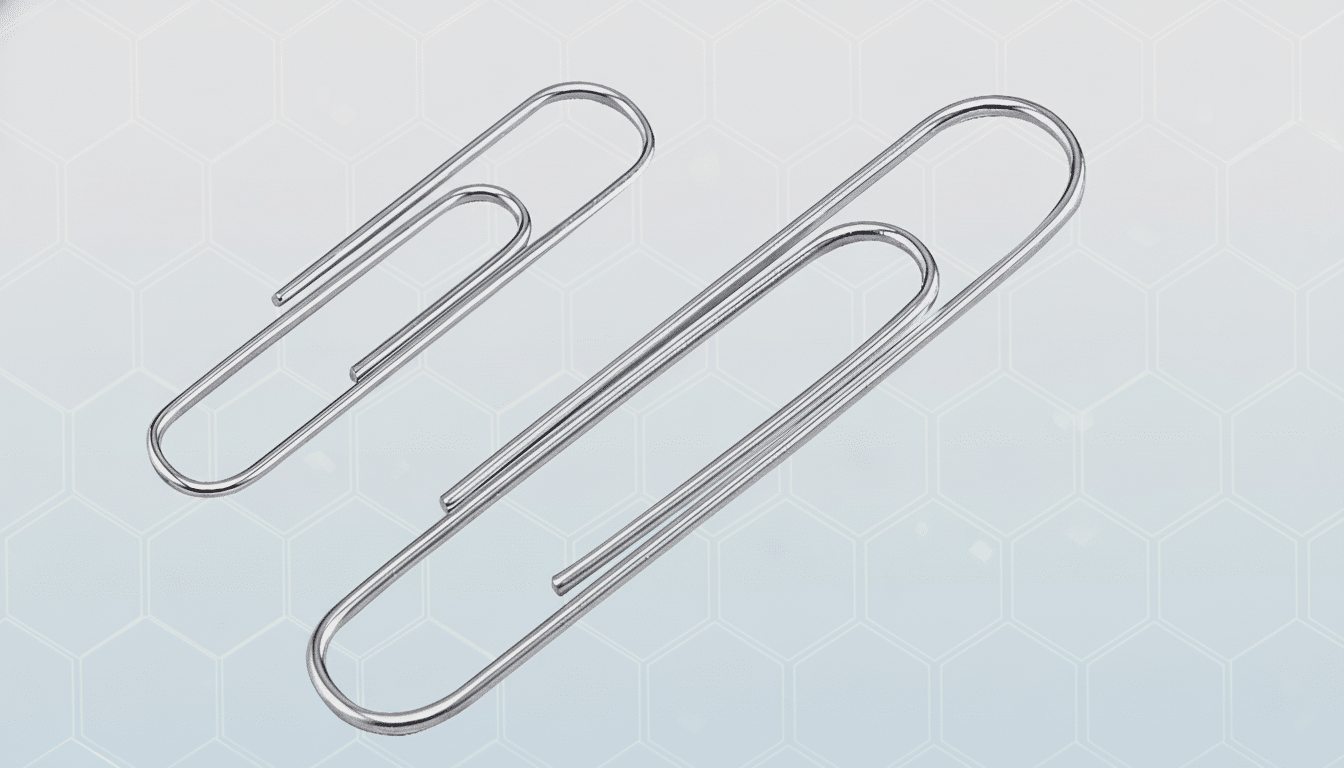 Two silver paper clips, one larger than the other, are presented against a subtle gray background with a faint hexagonal pattern.