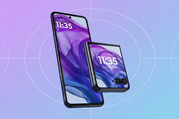 Two modern smartphones, one unfolded and one folded, showcasing their screens with a digital clock and abstract purple and blue wallpaper , set against a soft purple and blue gradient background with subtle circular patterns. Filename : twosmart phonesprofessional display .png