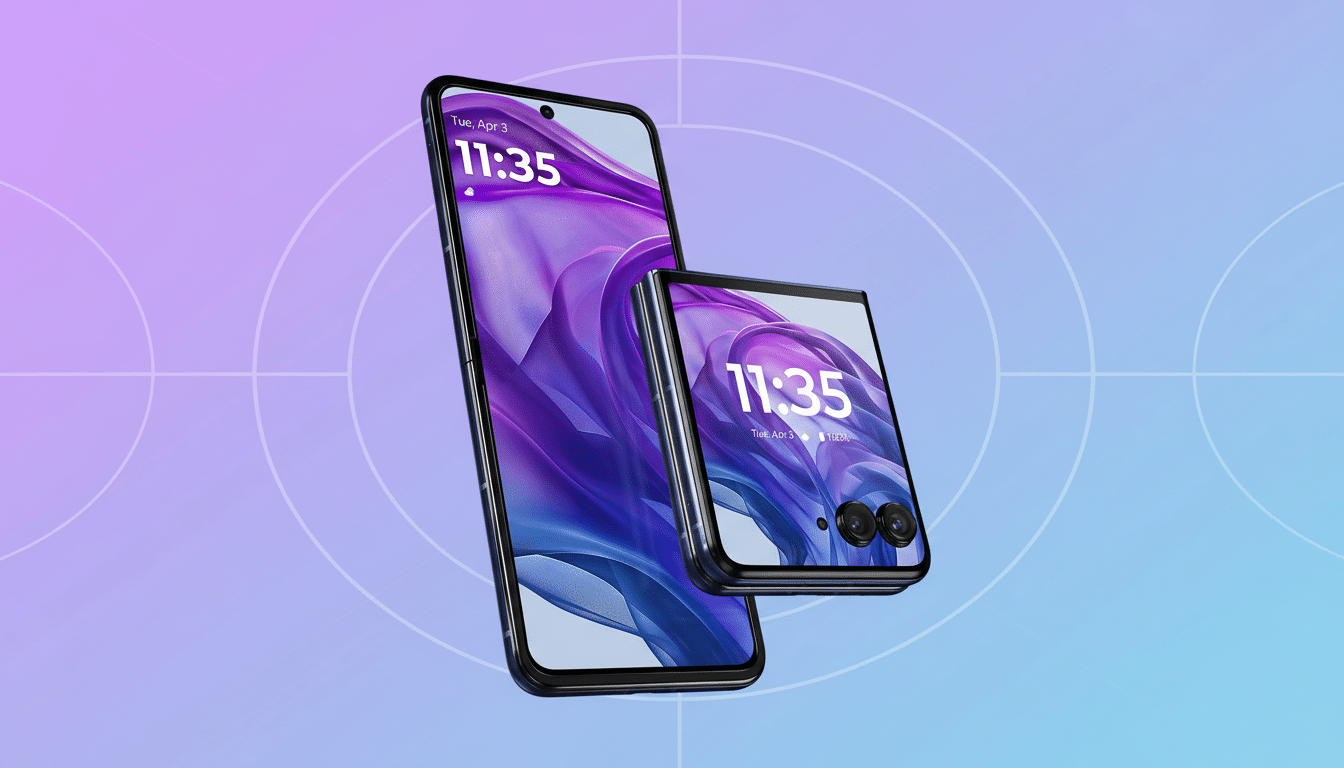 Two modern smartphones, one unfolded and one folded, showcasing their screens with a digital clock and abstract purple and blue wallpaper , set against a soft purple and blue gradient background with subtle circular patterns. Filename : twosmart phonesprofessional display .png