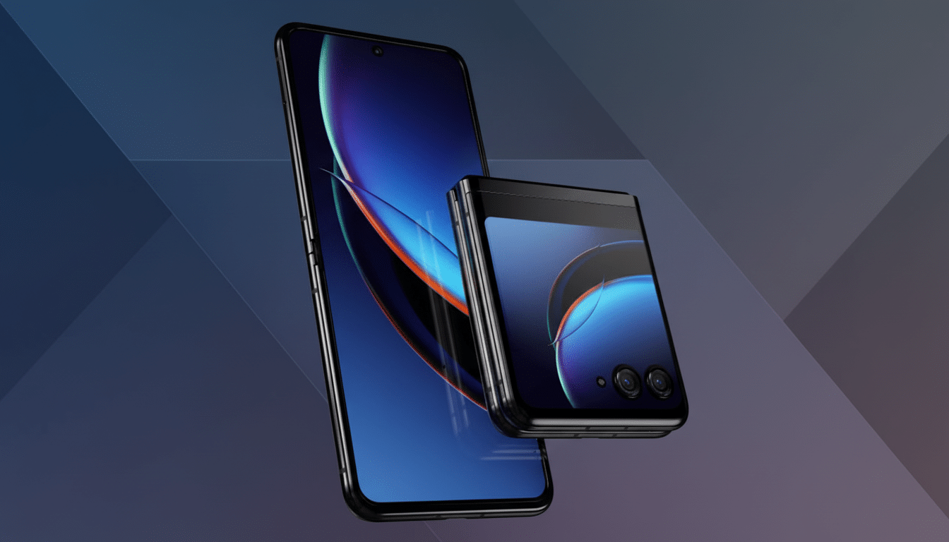 Two smartphones , one upright and one folded, showcasing their screens with abstract blue and orange patterns , set against a professional flat background with soft patterns.