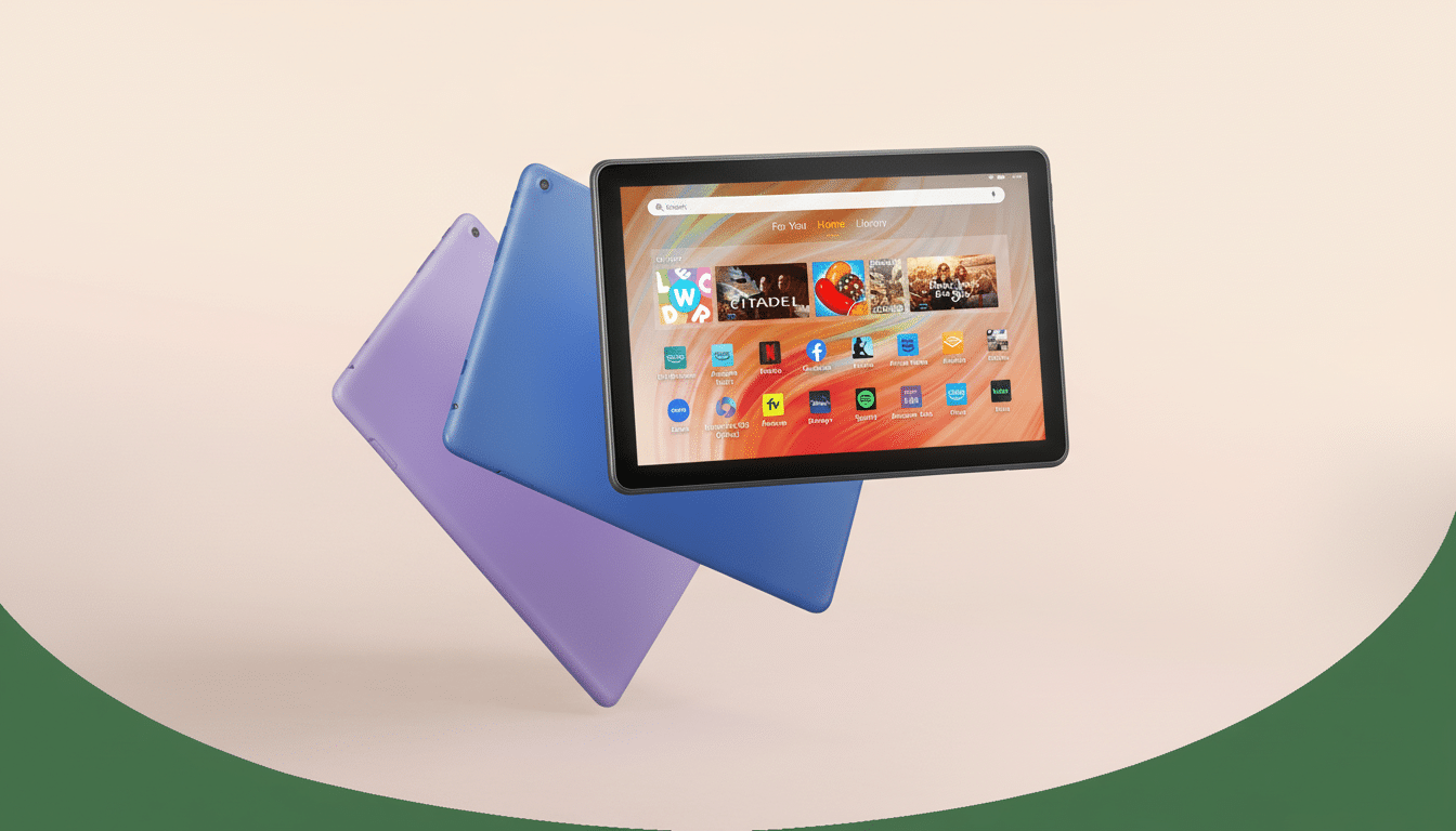 Two tablets, one blue and one purple, are shown with a screen displaying various app icons and a search bar. The blue tablet is on top and slightly an