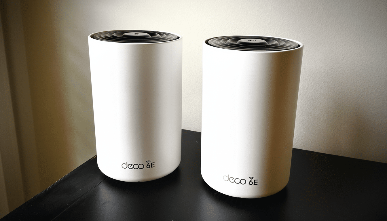 Two white cylindrical TP-Link Deco 6E Wi -Fi mesh units with black tops , shown side-by- side on a dark surface against a light wall .