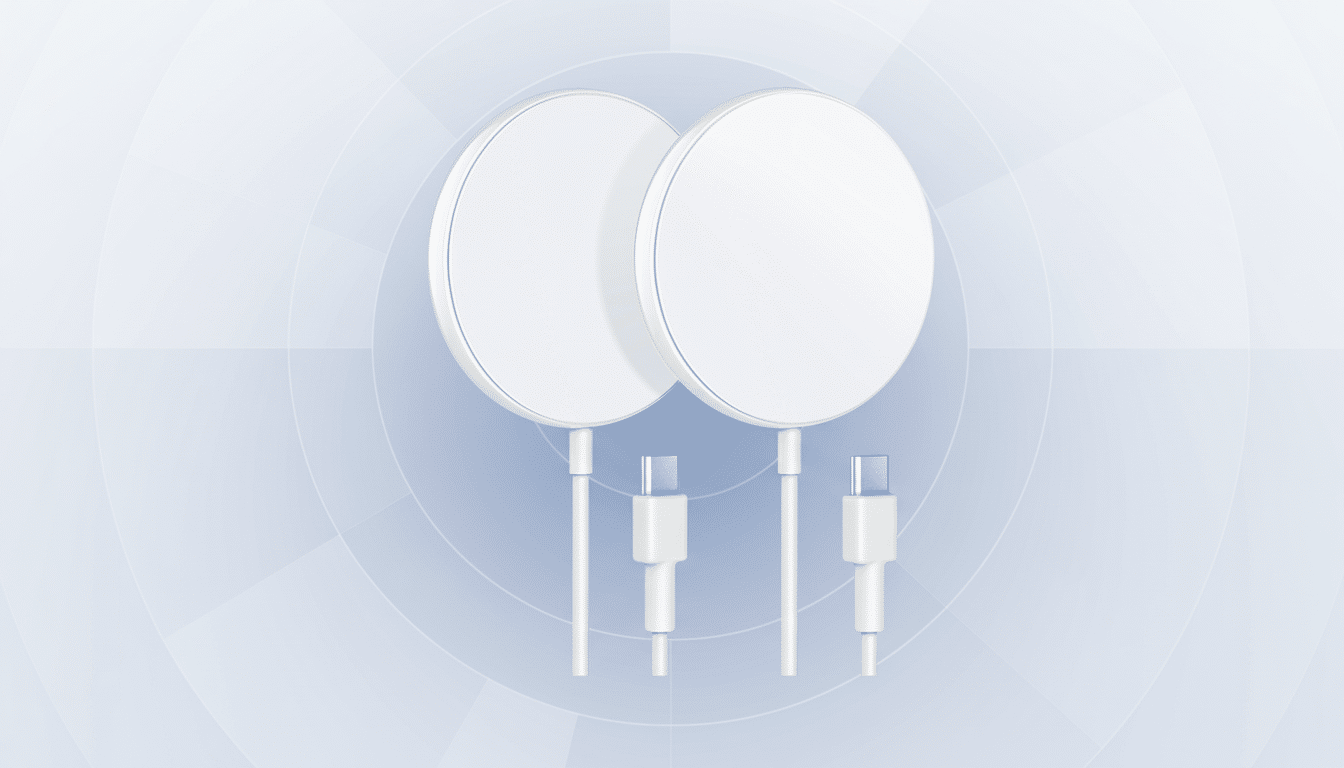 Two white circular wireless chargers with USB- C connectors , set against a professional light blue gradient background with subtle circular patterns. Filename : two whitewireless chargers bluebackground .png