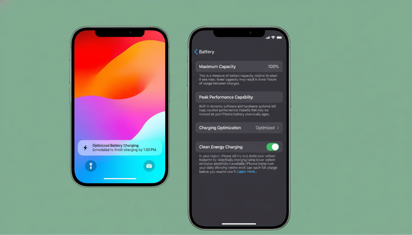 A 16:9 aspect ratio image featuring two iPhones on a light green background . The left iPhone displays a lock screen with Optimized Battery Charging scheduled to finish by 1:30 PM, over a colorful , abstract wallpaper. The right iPhone shows the Battery settings menu , highlighting Maximum Capacity, Peak Performance Capability , and Clean Energy Charging options .