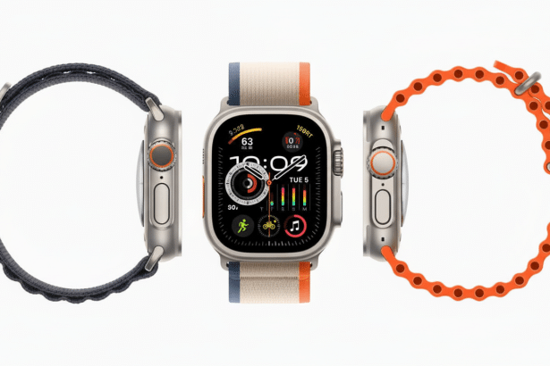 Three Apple Watches displayed side-by- side, showcasing different bands and angles. The center watch is face -on, displaying a digital time of 10: 09,