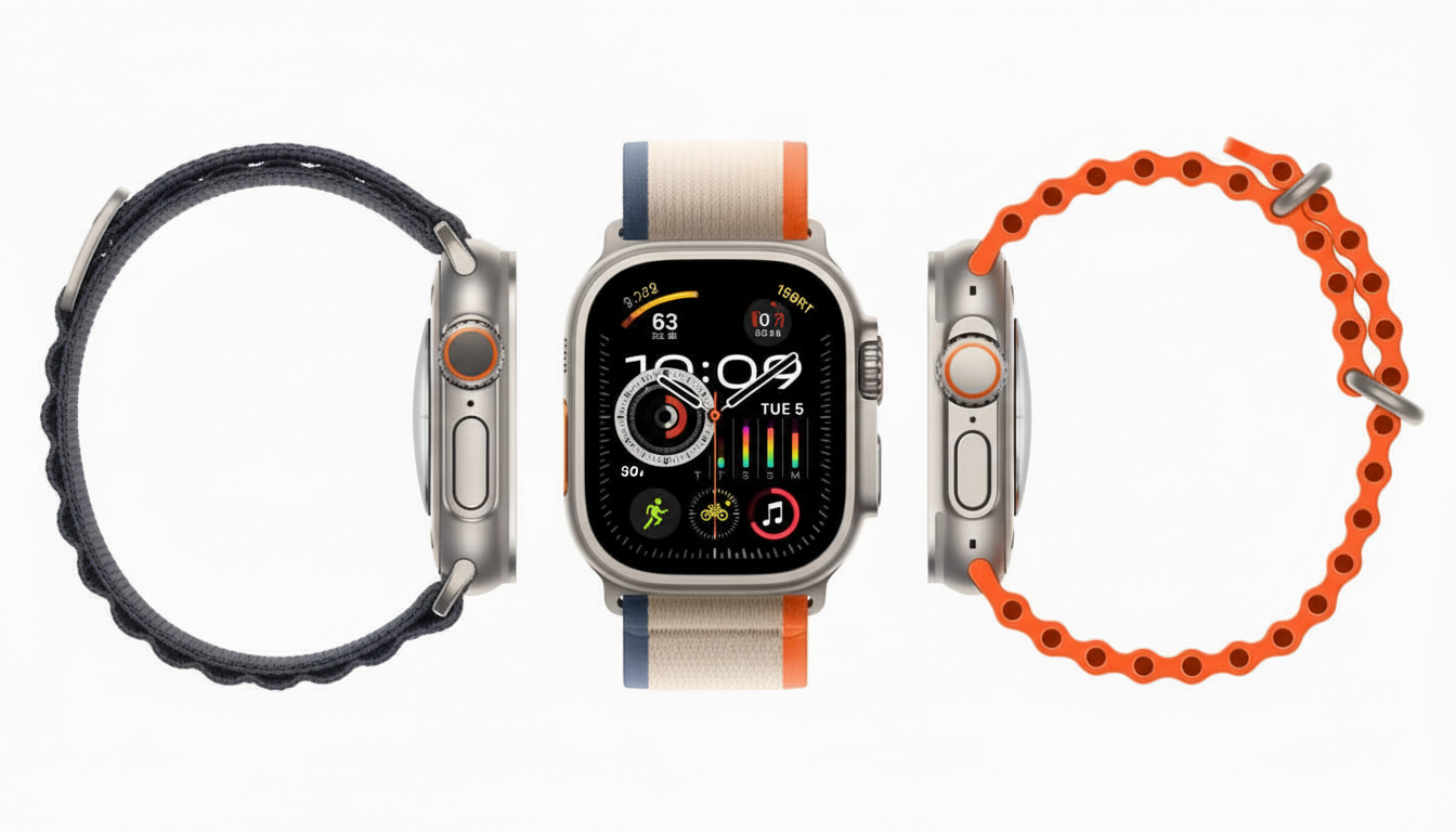 Three Apple Watches displayed side-by- side, showcasing different bands and angles. The center watch is face -on, displaying a digital time of 10: 09,