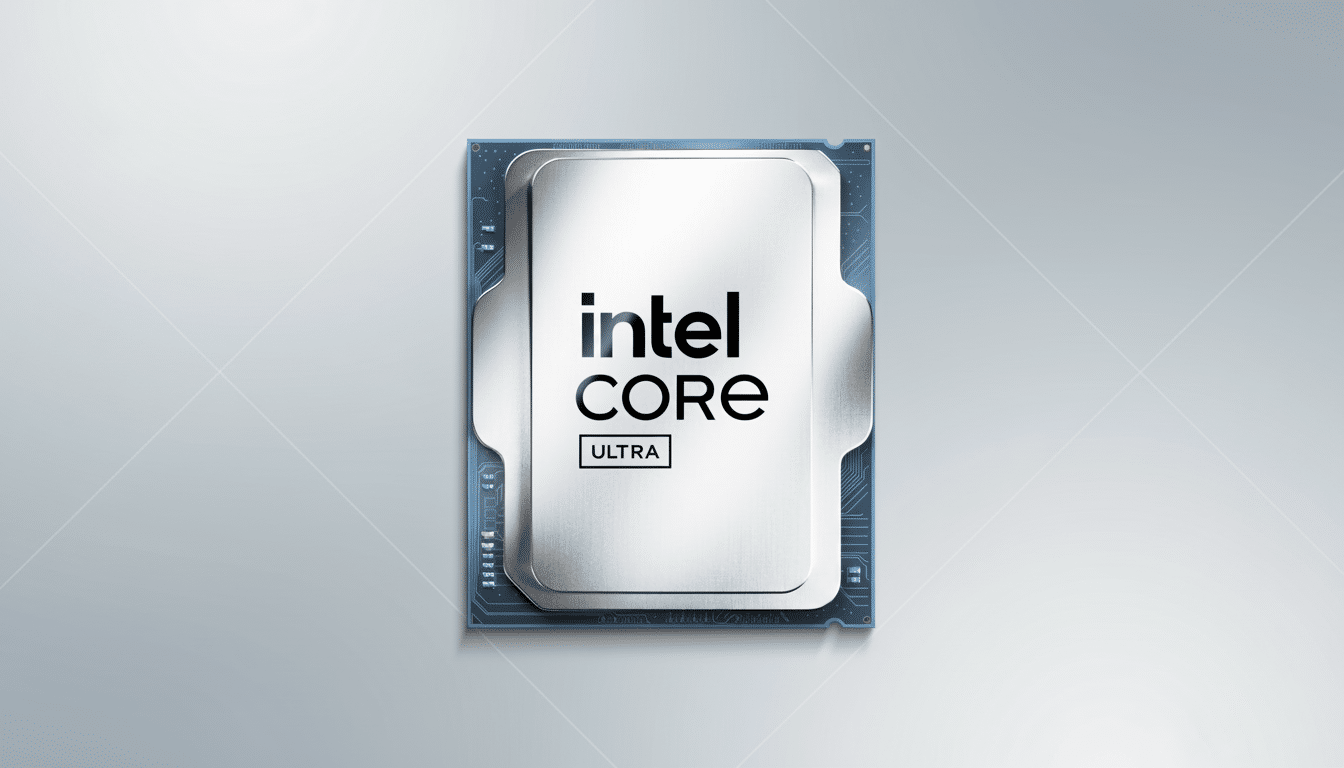 Intel Core Ultra processor on a professional flat design background with soft patterns.