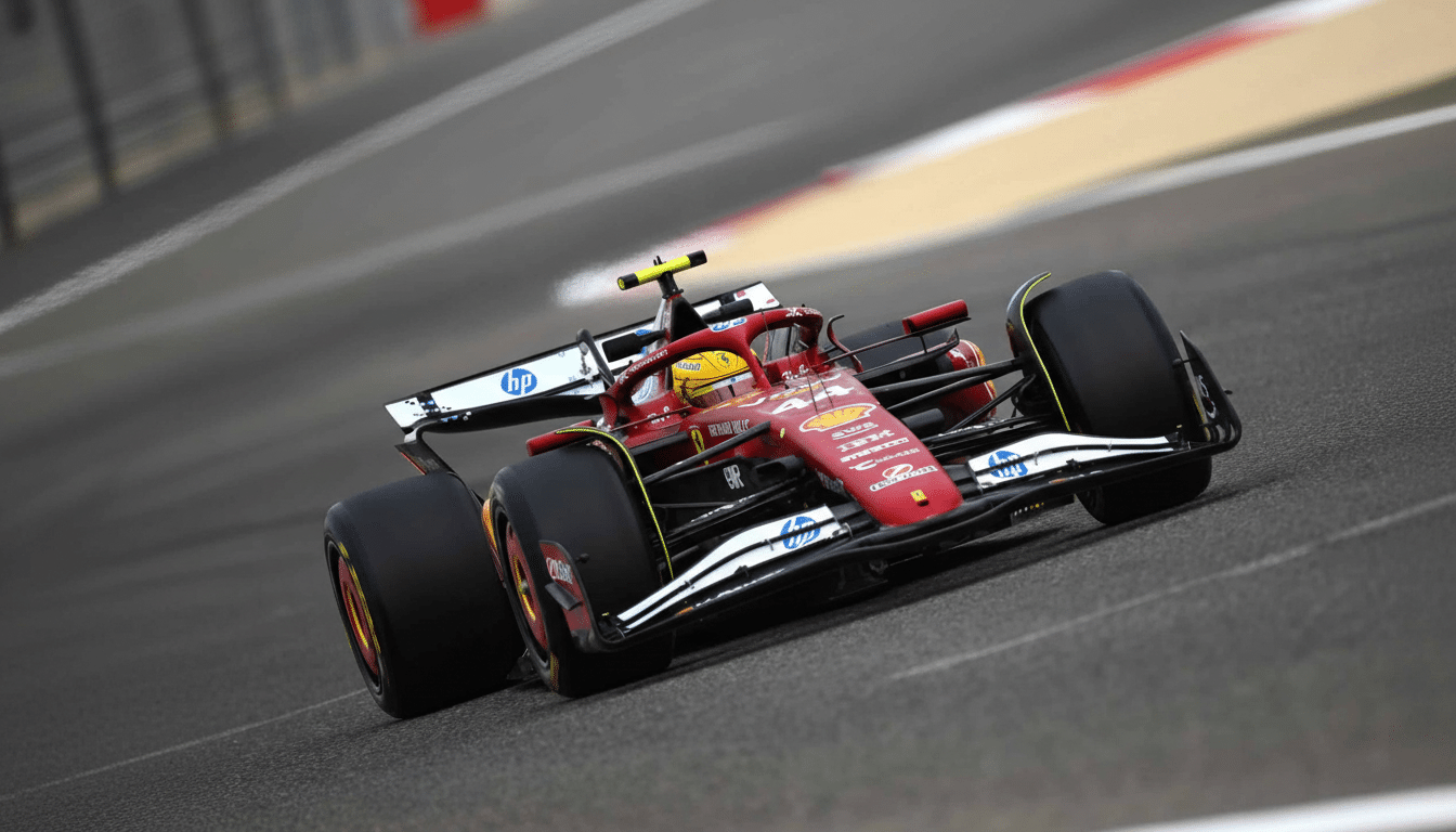 ** A red Ferrari Formula 1 car speeding around a track, viewed from a slight angle. **