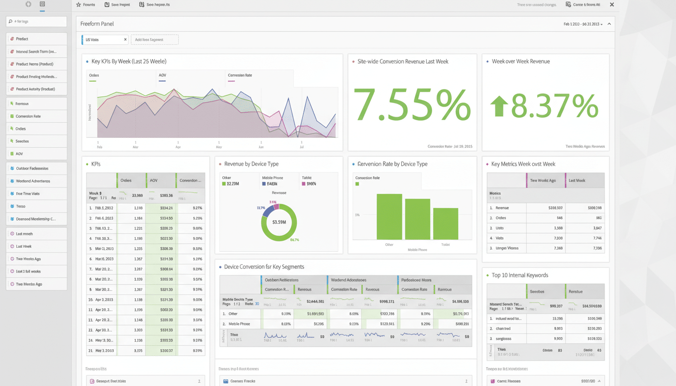A professional dashboard displaying various key performance indicators (KPI s) related to website performance, including conversion rates, revenue by