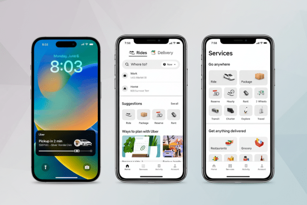 A professional presentation of three iPhones displaying the Uber app interface. The left phone shows the lock screen with a dynamic island notificatio
