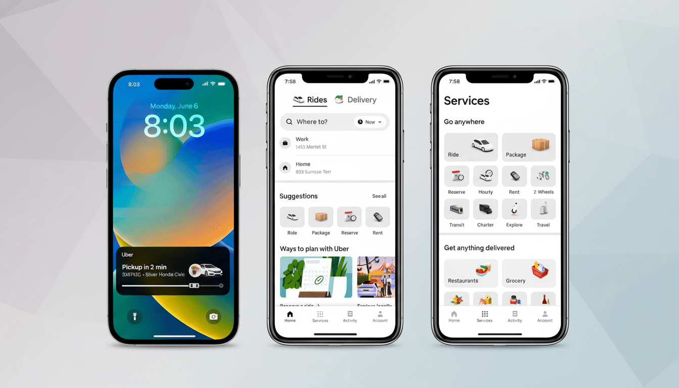 A professional presentation of three iPhones displaying the Uber app interface. The left phone shows the lock screen with a dynamic island notificatio