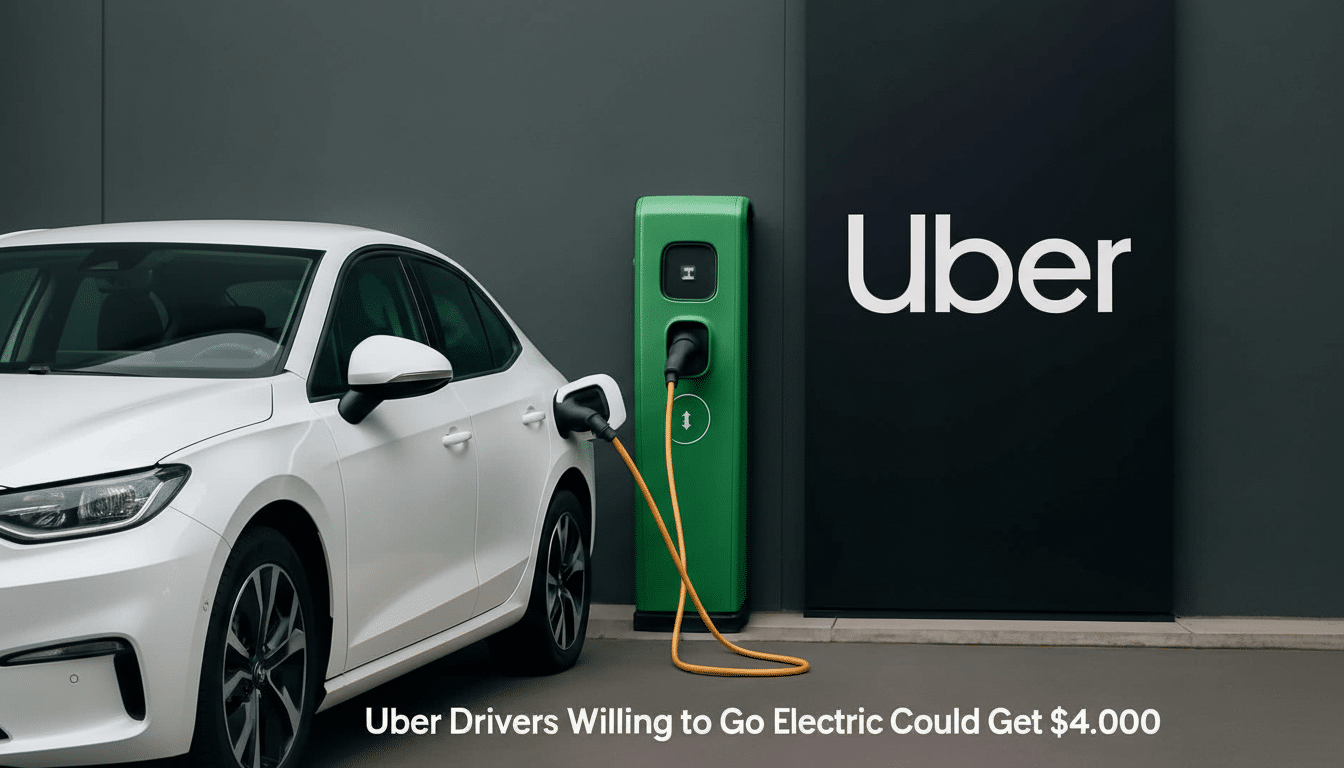 A white electric car is charging at a green charging station , with a black sign featuring the Uber logo in white next to it.