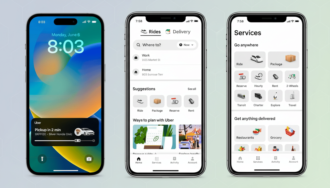A professional 16: 9 image showing three iPhones displaying the Uber app interface. The left screen shows a lock screen with an Uber pickup notificati
