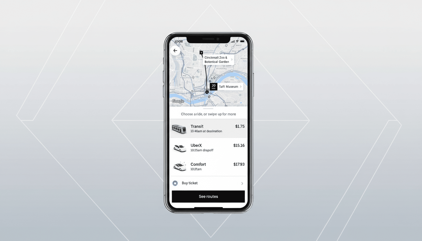An Uber app screen showing ride options and prices for a trip in Cincinnati, displayed on a smartphone with a professional geometric background.