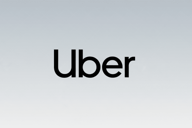 The Uber logo in black text against a soft gray background with a subtle geometric pattern, presented in a 16:9 aspect ratio.