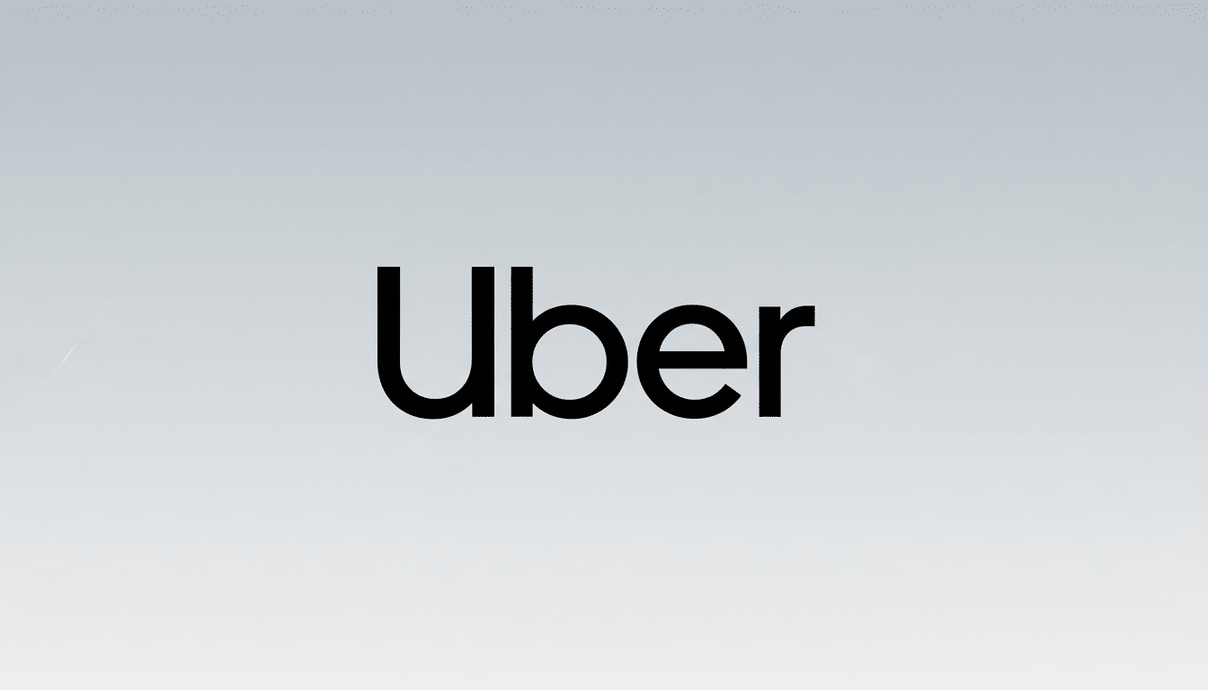 The Uber logo in black text against a soft gray background with a subtle geometric pattern, presented in a 16:9 aspect ratio.