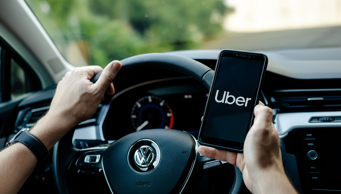 A person ' s hands on a steering wheel, holding a smartphone displaying the Uber logo on its screen. Filename : uberapp driving . png