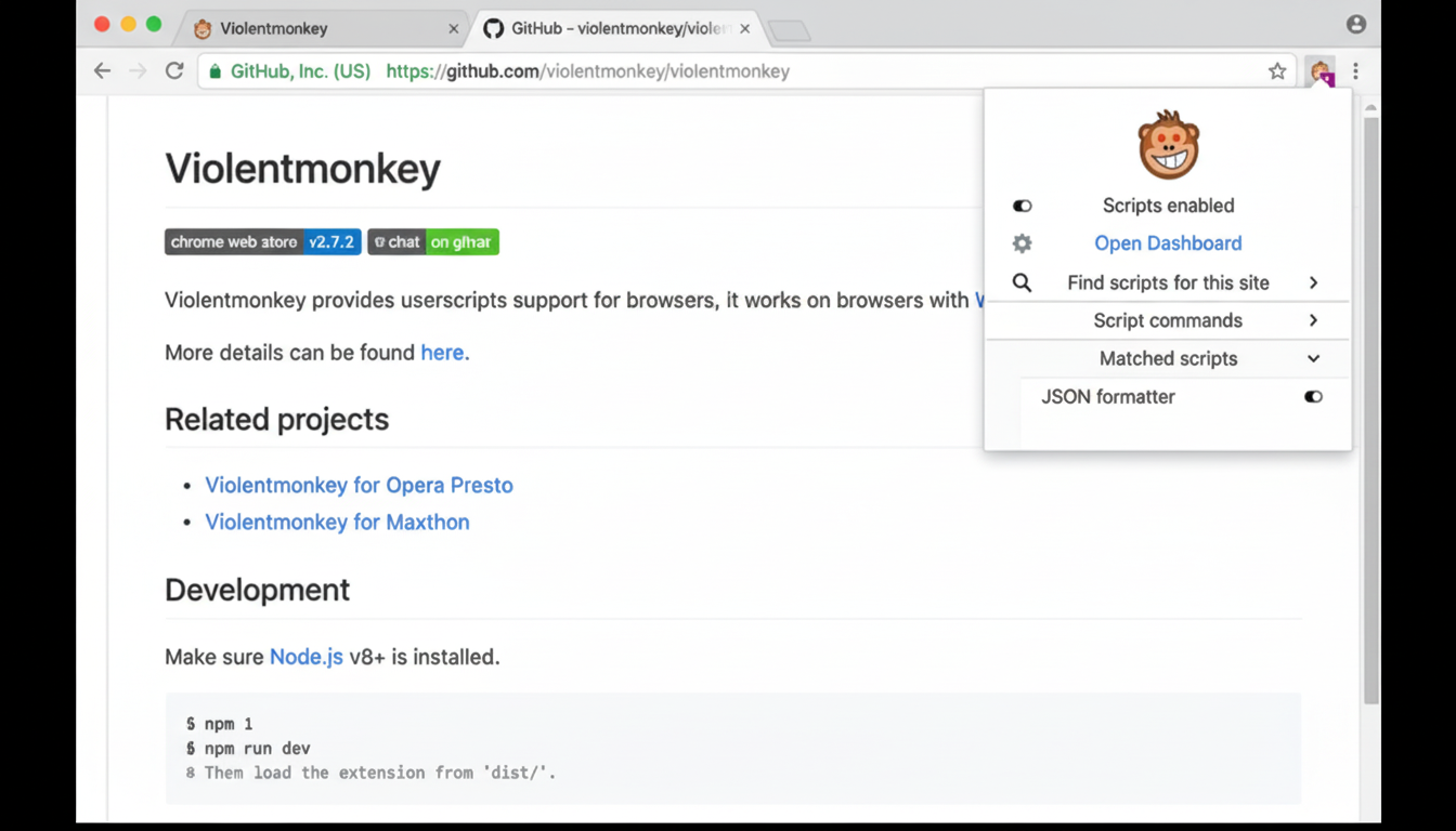 A screenshot of the Violentmonkey GitHub page in a web browser, with the Violentmonkey extensions dropdown menu open, showing options like Scripts enabled and Open Dashboard.
