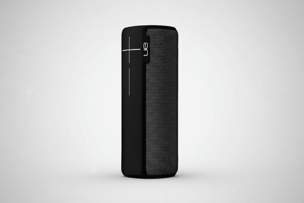 A professional , enhanced image of a black UE Boom portable Bluetooth speaker, presented on a subtle gradient background with soft geometric patterns. The speaker is centered and displayed in a 1 6:9 aspect ratio, maintaining its original appearance .