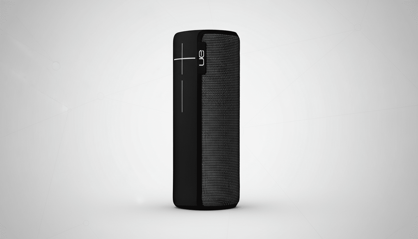 A professional , enhanced image of a black UE Boom portable Bluetooth speaker, presented on a subtle gradient background with soft geometric patterns. The speaker is centered and displayed in a 1 6:9 aspect ratio, maintaining its original appearance .