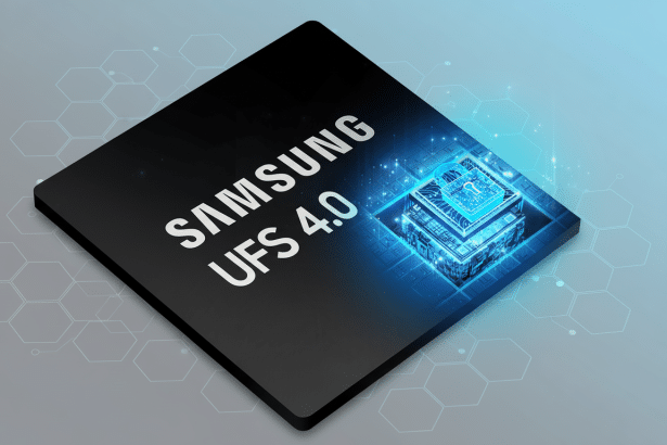 alt text: A Samsung UFS 4.0 chip with a glowing blue security lock icon.