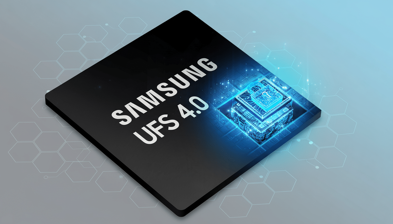 alt text: A Samsung UFS 4.0 chip with a glowing blue security lock icon.