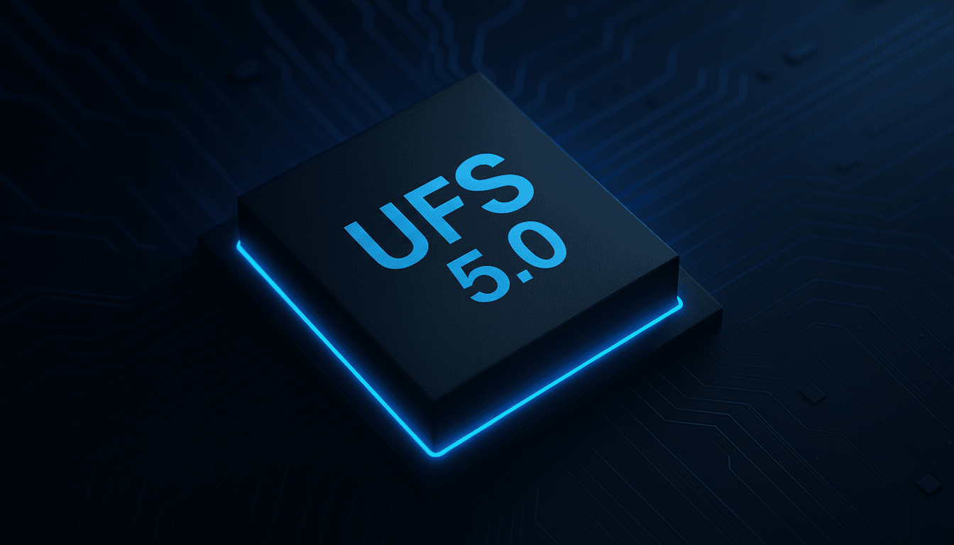 A black UFS 5.0 chip with blue glowing text and outline, set against a dark, subtle circuit board background, resized to a 16: 9 aspect ratio.