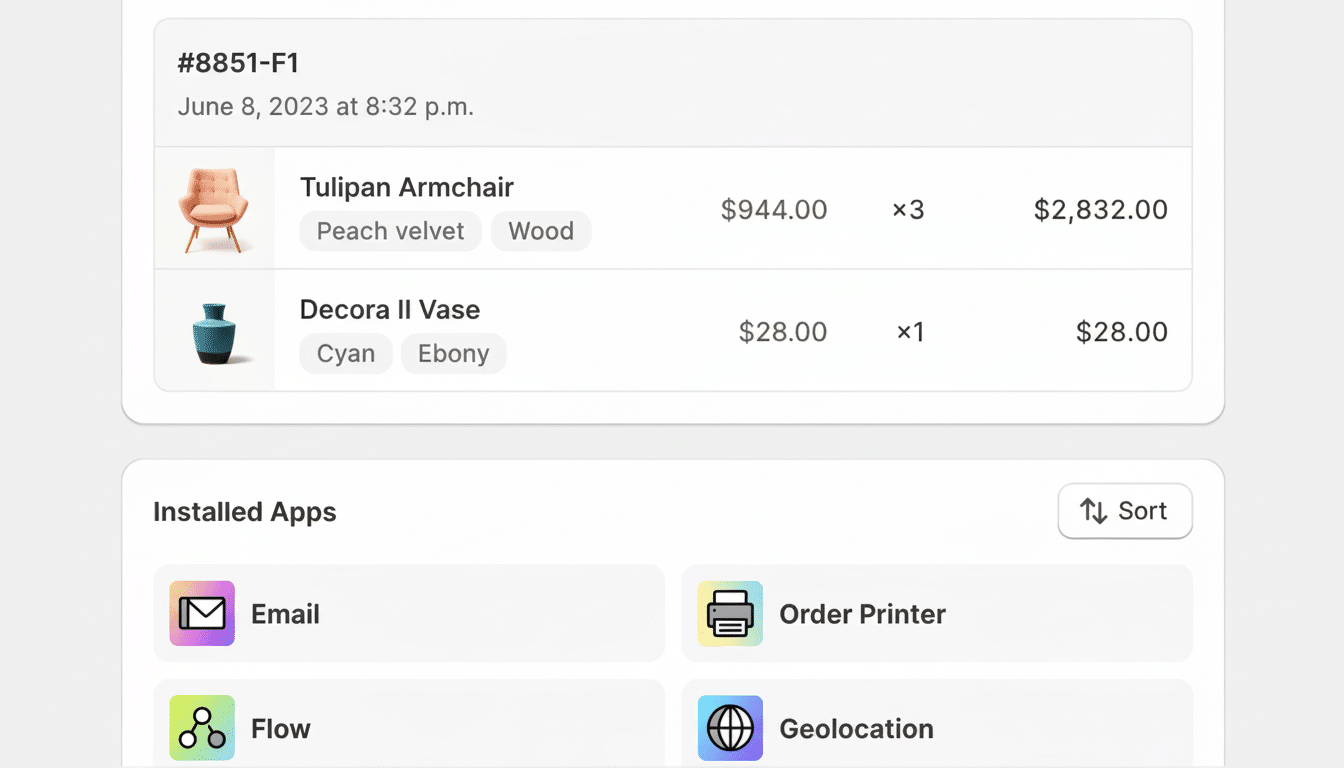 A clean and professional UI showing an order summary with items like a  Tulipan Armchair  and Dec ora II Vase, along with a section for Installed Apps including Email, Order Printer , Flow, and Geolocation.