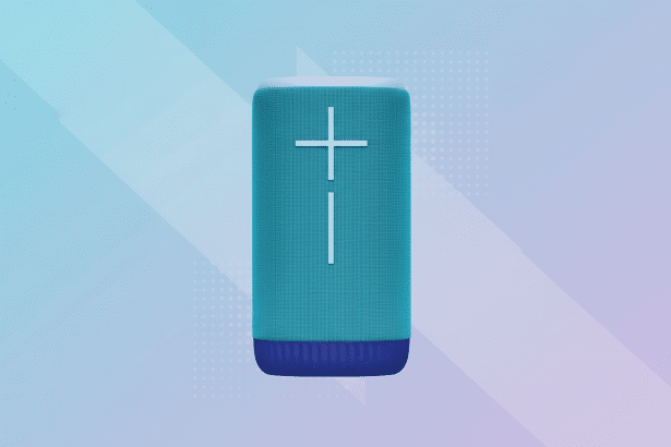 A blue portable speaker with large volume buttons , set against a professional light blue and purple gradient background with subtle geometric patterns.