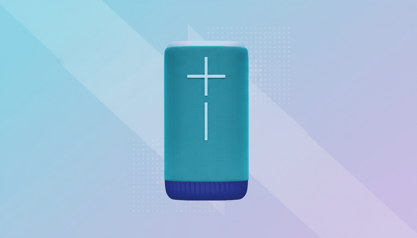 A blue portable speaker with large volume buttons , set against a professional light blue and purple gradient background with subtle geometric patterns.