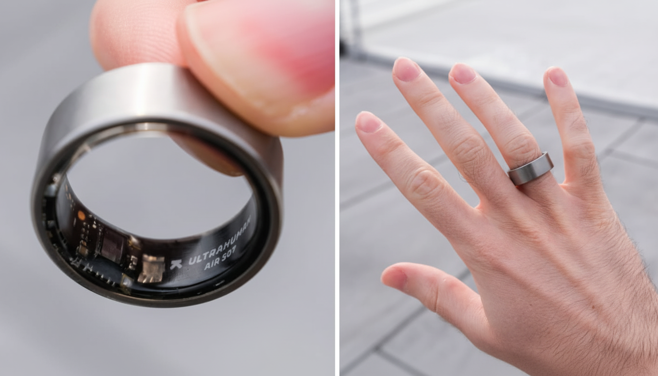 A split image showing a close-up of a silver smart ring held between fingers, revealing internal components and "ULTRAHUMAN AIR 501" text, and a wider shot of the same ring worn on a person's ring finger against a blurred outdoor background.