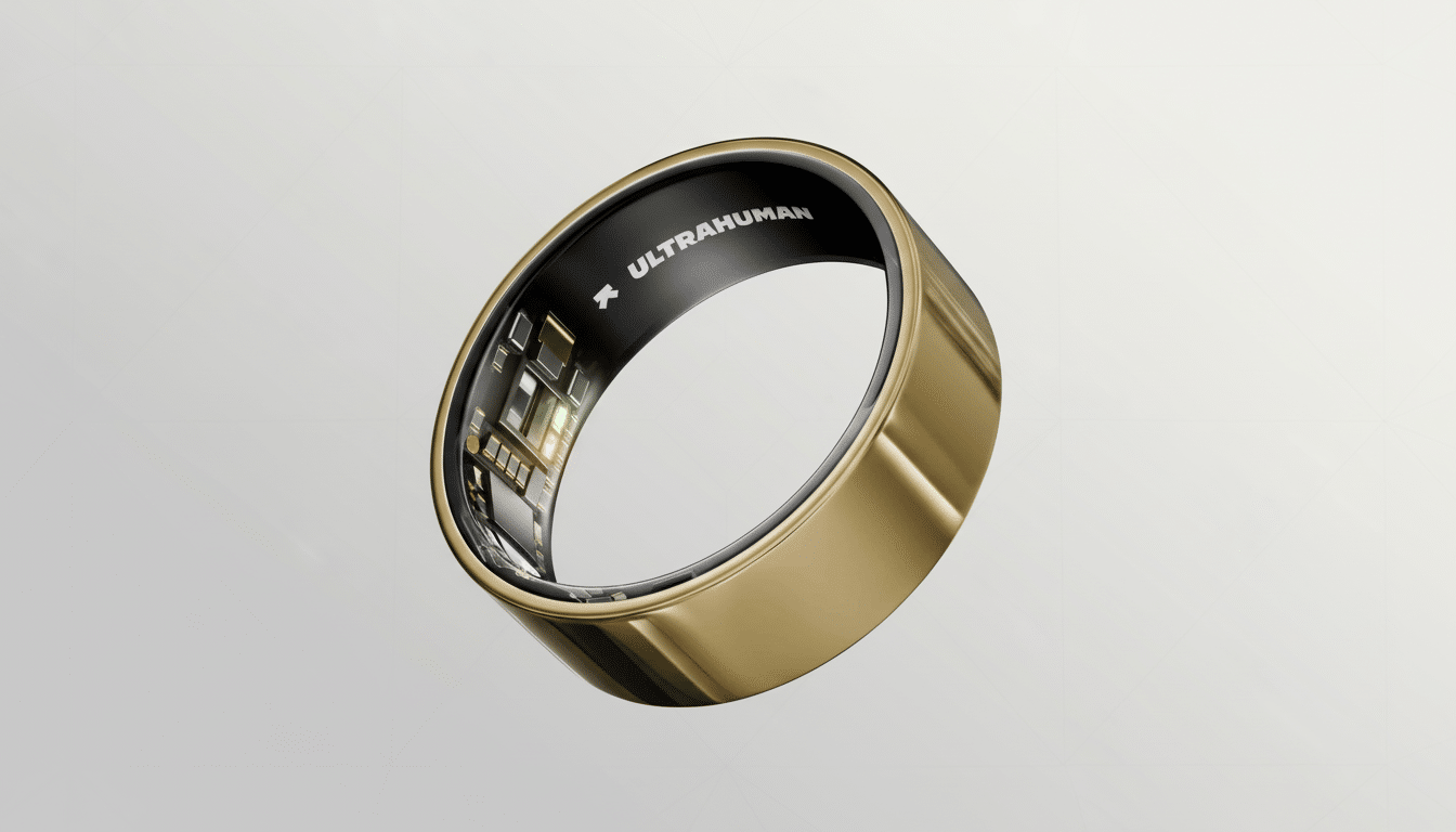 A gold Ult rahuman smart ring with internal technology visible, set against a professional soft grey gradient background. Filename : ultrahuman smartring professional. png